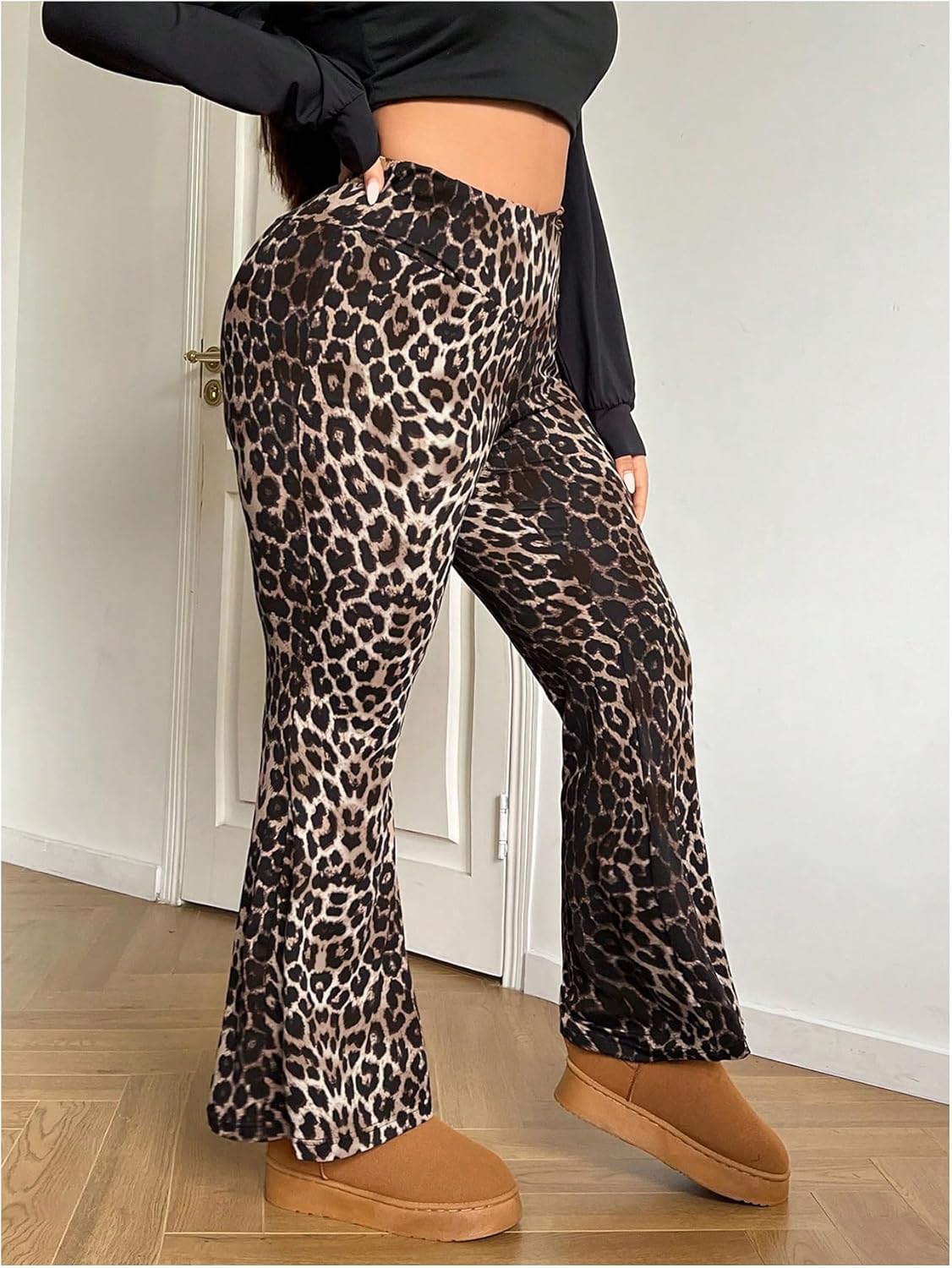 Floerns Women's Plus Size Y2K Leopard Print Pants High Waist Leggings Tummy Control Flare Yoga Pants - Image 4