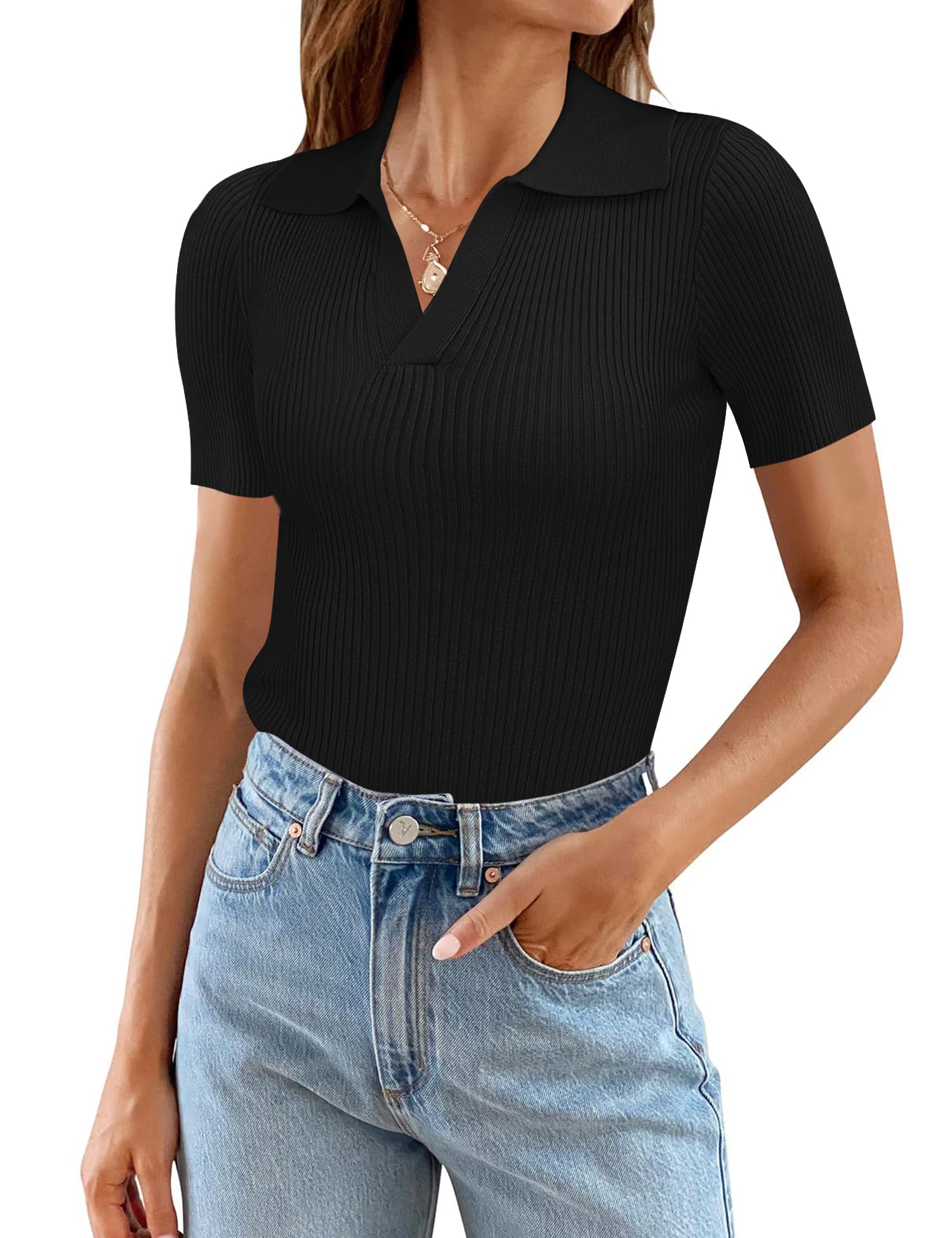 Ivicoer Womens 2025 Summer V Neck Short Sleeve T Shirts Slim Fitted Ribbed Knit Casual Tee Tops