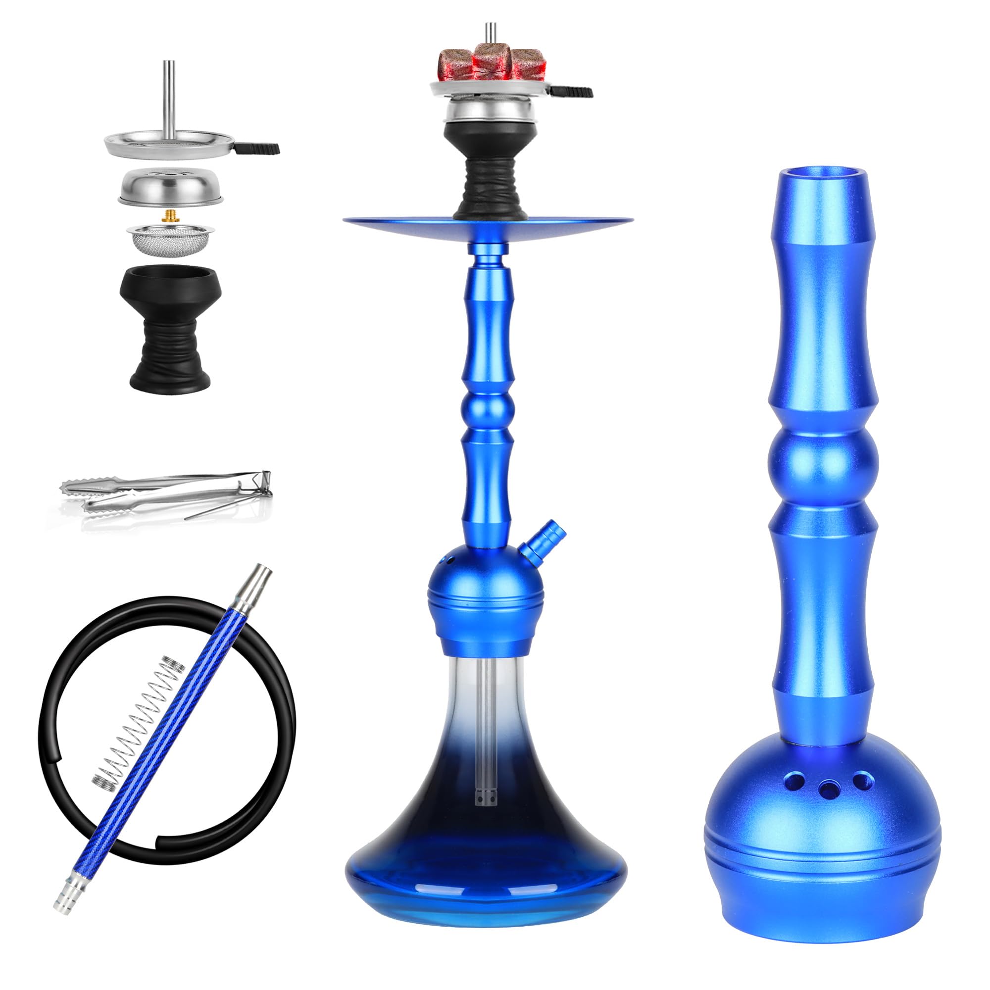 Hookah Complete Set with Everything-20 8 Premium Aluminum Hookah set with Glass Base Ceramic Bowl and Coal Tongs