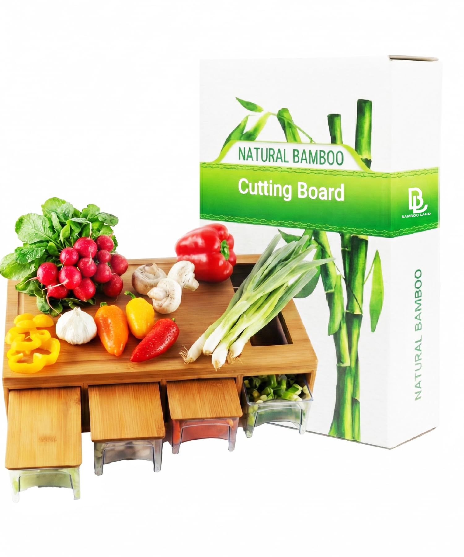 BAMBOO LAND- Large Bamboo Cutting Board with Containers