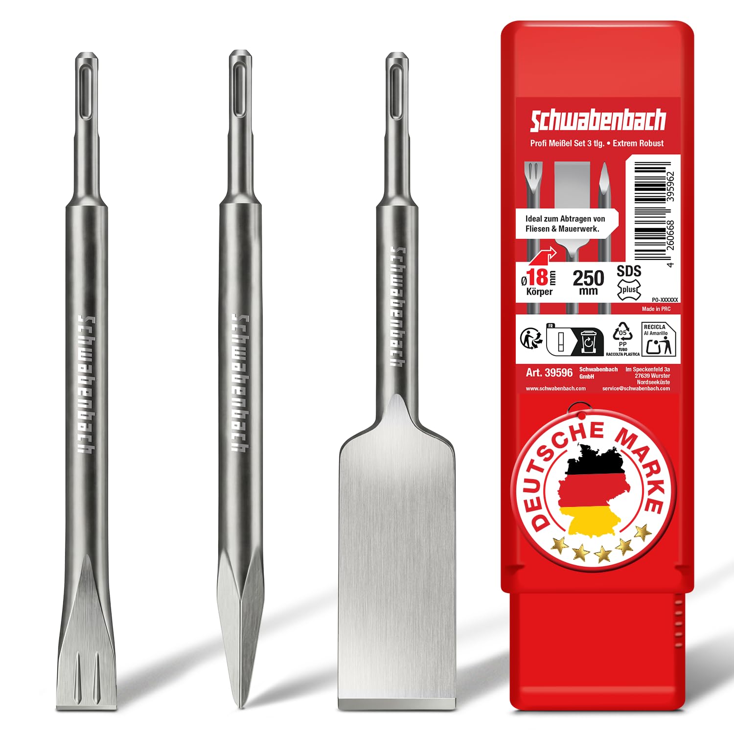 SCHWABENBACH® SDS Plus - Juego de cinceles para azulejos (3 piezas, 250 mm, cabeza extralarga, punta plana de 25 mm, cincel SDS para martillo perforador)