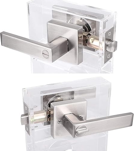 Miniatura 4 de Juego de 6 manijas cuadradas de privacidad de níquel satinado para puerta, para zurdos y diestros, contemporáneas, reversibles, sin llave para