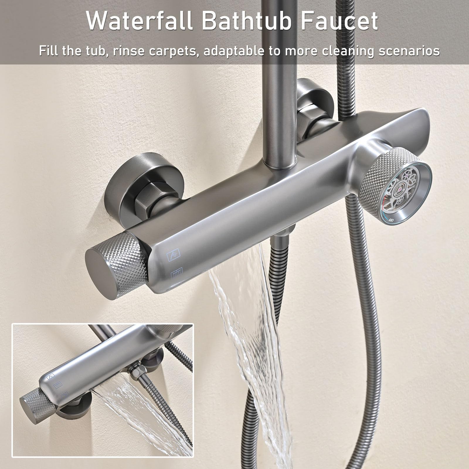 Set Doccia con Miscelatore, Design Innovativo Ingranaggi Meccanici, RSS0714 Moderno Colonna Doccia, Quadrato/Rotondo Soffione, 59A Ottone Valvola di Miscelazione, Altezza Regolabile