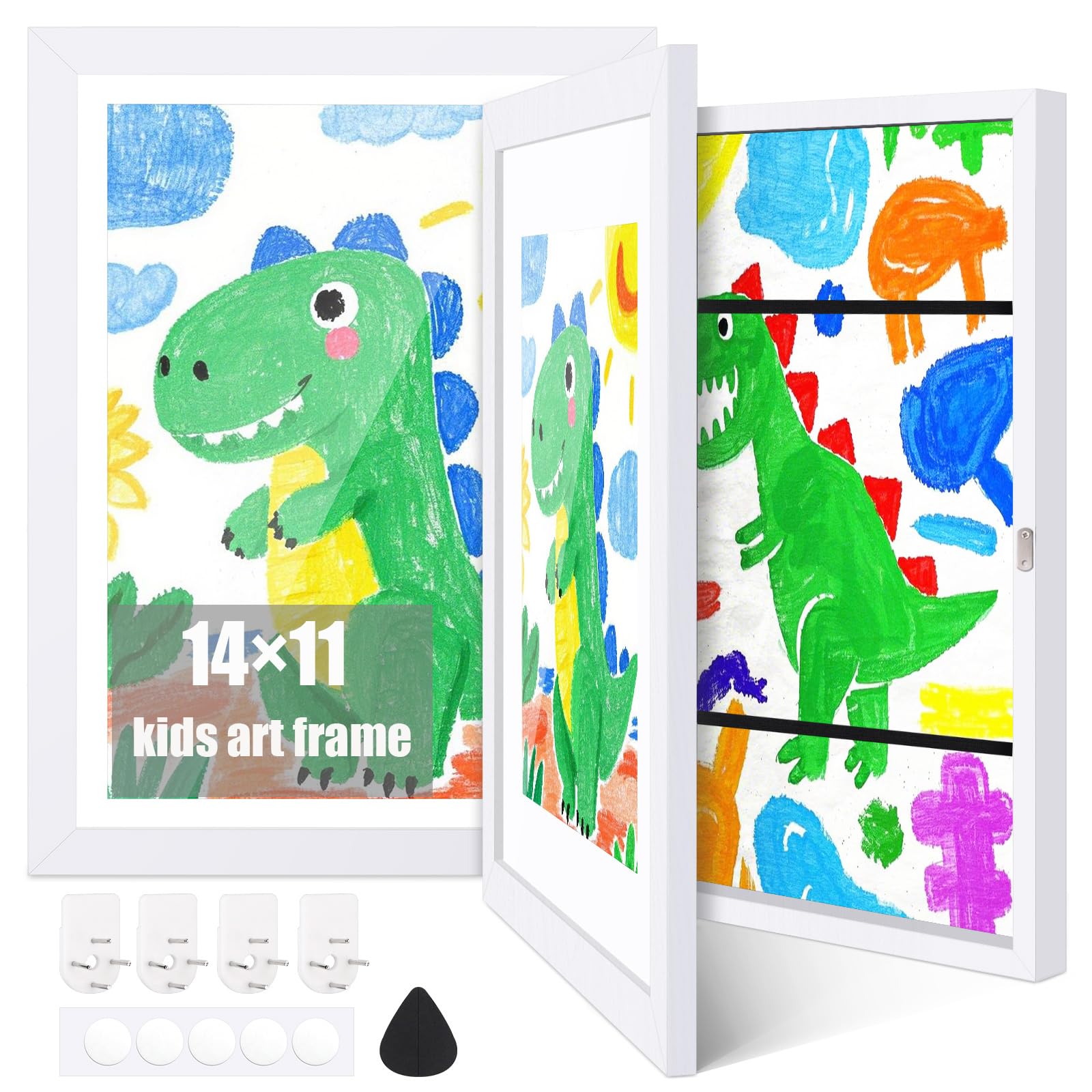 Cinpode 11x14 Kids Art Frames, 2-Pack Front Opening Kids Artwork Frames Changeable, 2 Mats Fit 8.5 x11 and 14 x11, Holds 50-150 Pcs, Picture Frames Kids Room Decor for Kids Drawings, White