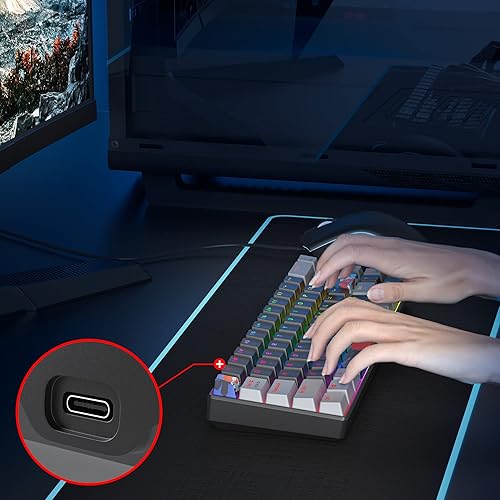 Miniatura 5 de Teclado mecánico 65% de 68 teclas con cable para juegos con interruptor rojo, efecto de iluminación RGB, teclas PBT, mini teclado ultracompacto