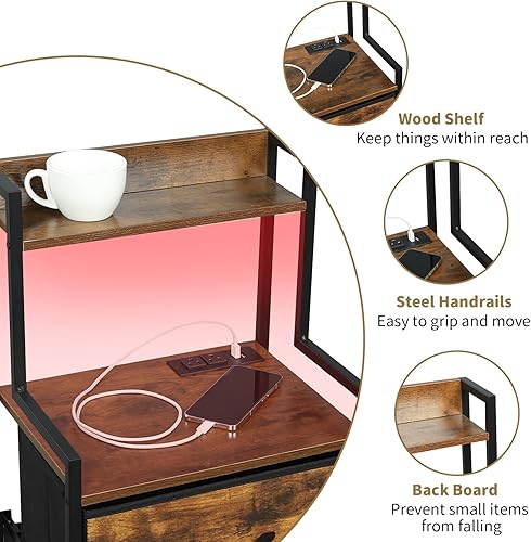 Miniatura 5 de Mesita de noche alta con luz y estación de carga, mesita de noche con 3 cajones de tela y estante de almacenamiento, mesitas de noche con puertos