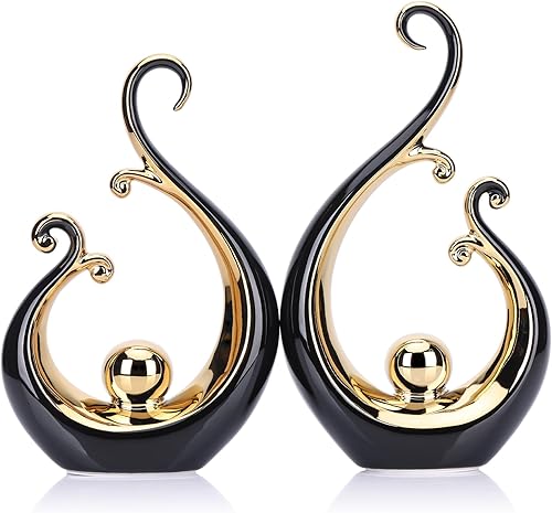 Estatua de cerámica brillante de decoración negra y dorada, centro de mesa de lujo de arte abstracto moderno, estantes de oro negro y decoración de