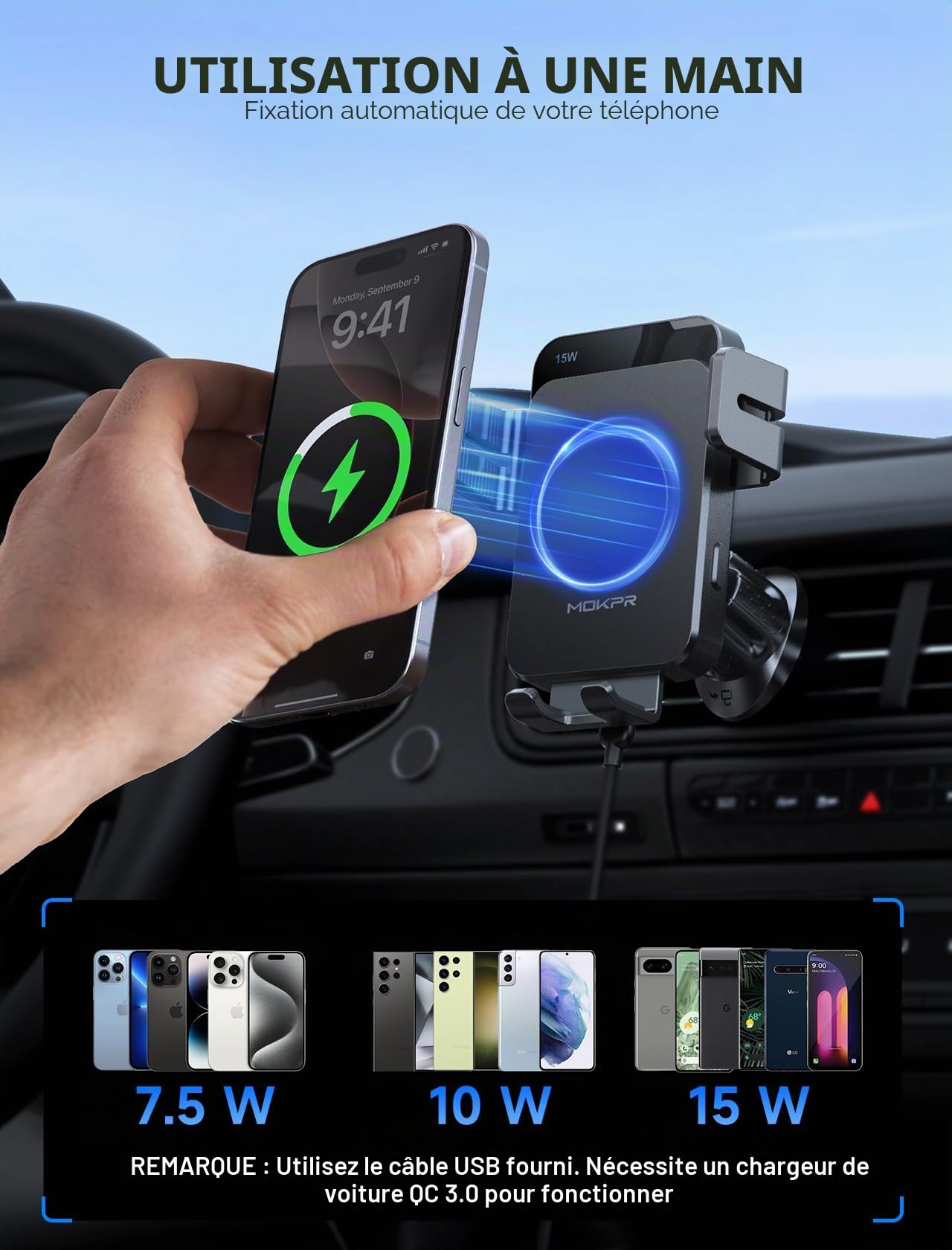 MOKPR 15W Support Telephone Voiture Induction, [Serrage Automatique] Rapide Chargeur Induction Voiture, Grille d'aération Tableau de Bord Pare-Brise pour iPhone 16/15/14/13/12&Samsung S24 S23 S22