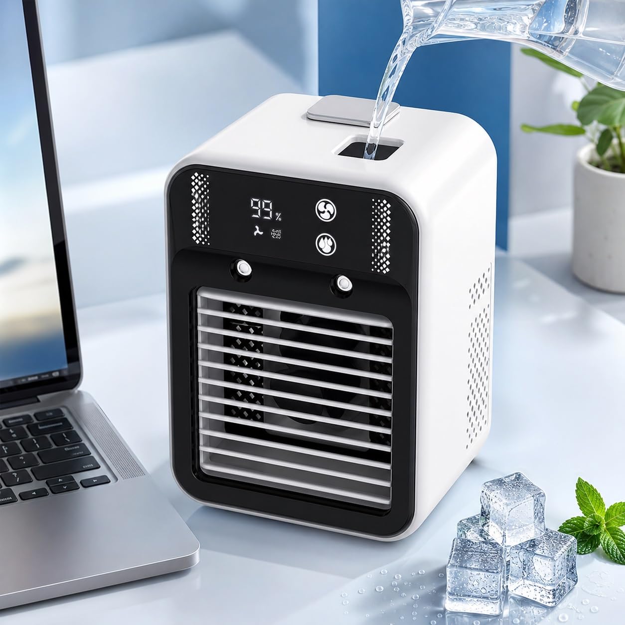 Raffreddatore d'aria portatile con umidificatore a nebbia e timer 2 ore/4 | Serbatoio da 500 Ml, Alimentazione Usb-c, Flusso D'aria Regolabile, Display Digitale, Uso Scrivania In Camera da Letto