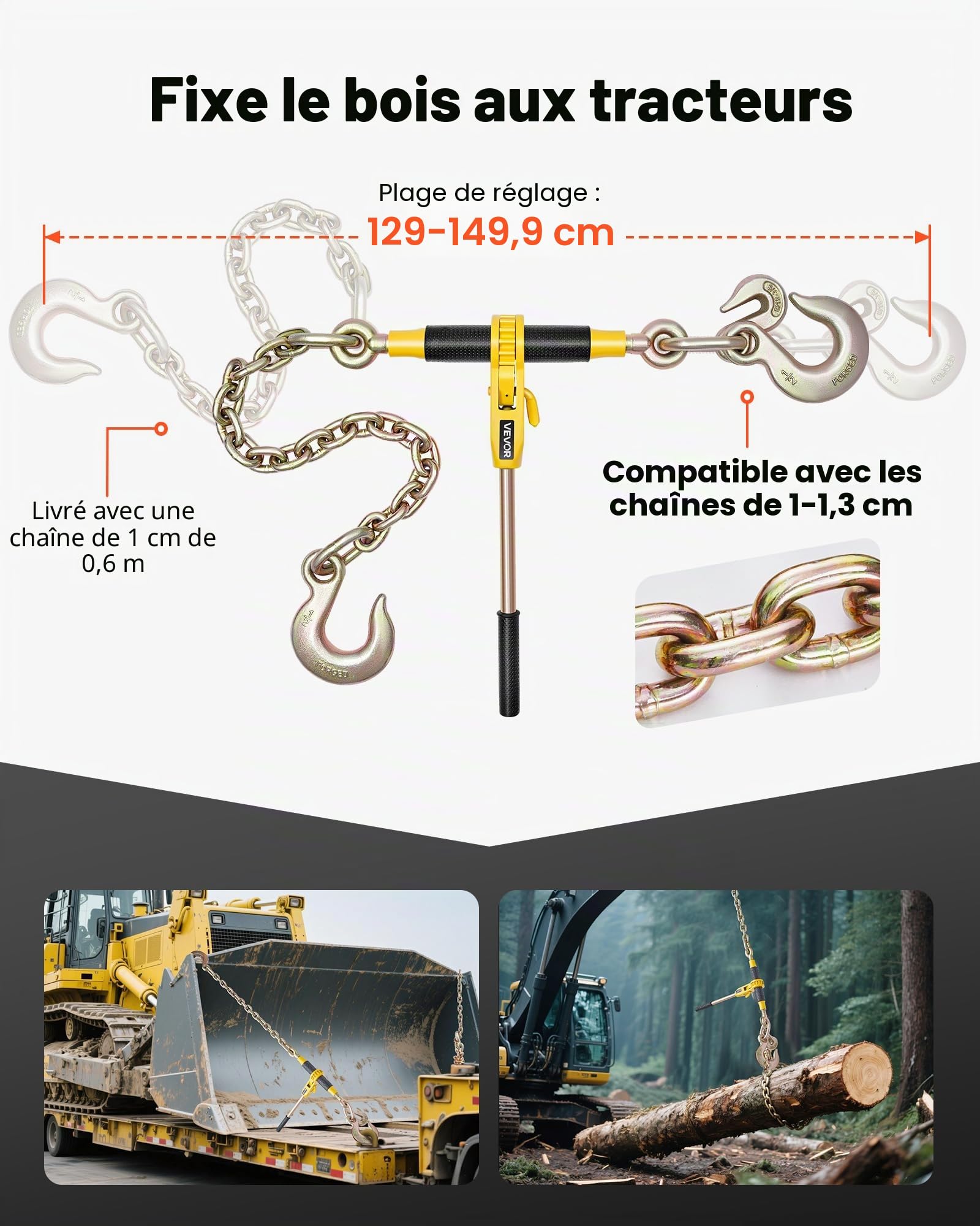 VEVOR Tendeur à Cliquet avec Chaîne d'Arrimage G80 10 mm x 62 cm, Lot de 2, Charge 4173 kg, Attaches de Chaîne Transport Compatible Chaînes 10-12,7 mm pour Sécuriser Charges, Remorque Camion à Plateau