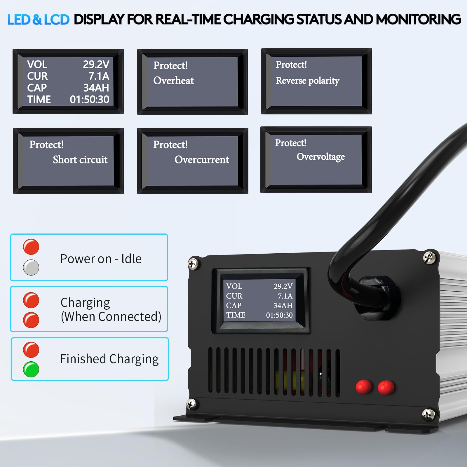 LiFePO4 - Caricatore 24 V, 20 A, 29,2 V, al litio, con LCD
