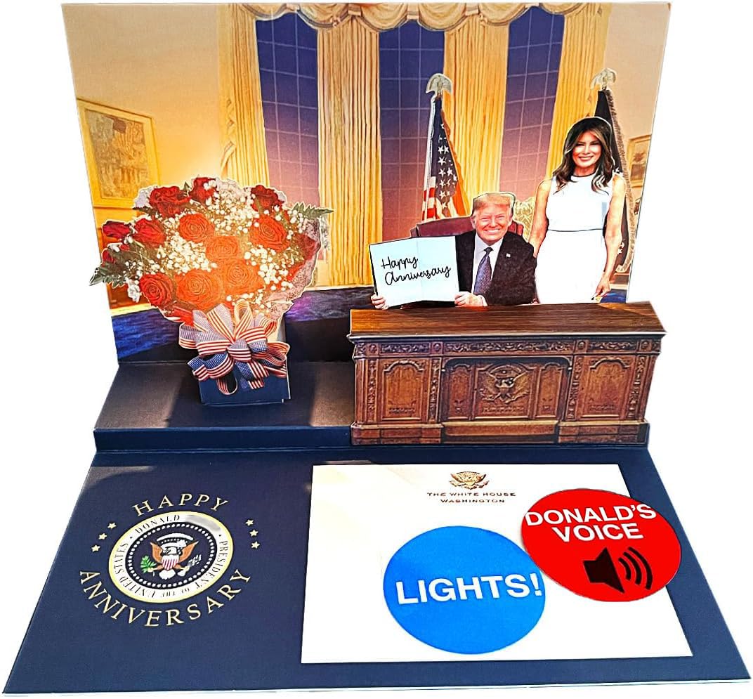 OUR FRIENDLY FOREST Trump Pop Up Anniversary Card with Light & Sound - Funny Talking Card Says Happy Anniversary in His Voice, Musical Pop Up Cards for Couple, Husband, Parents & Him (Office)