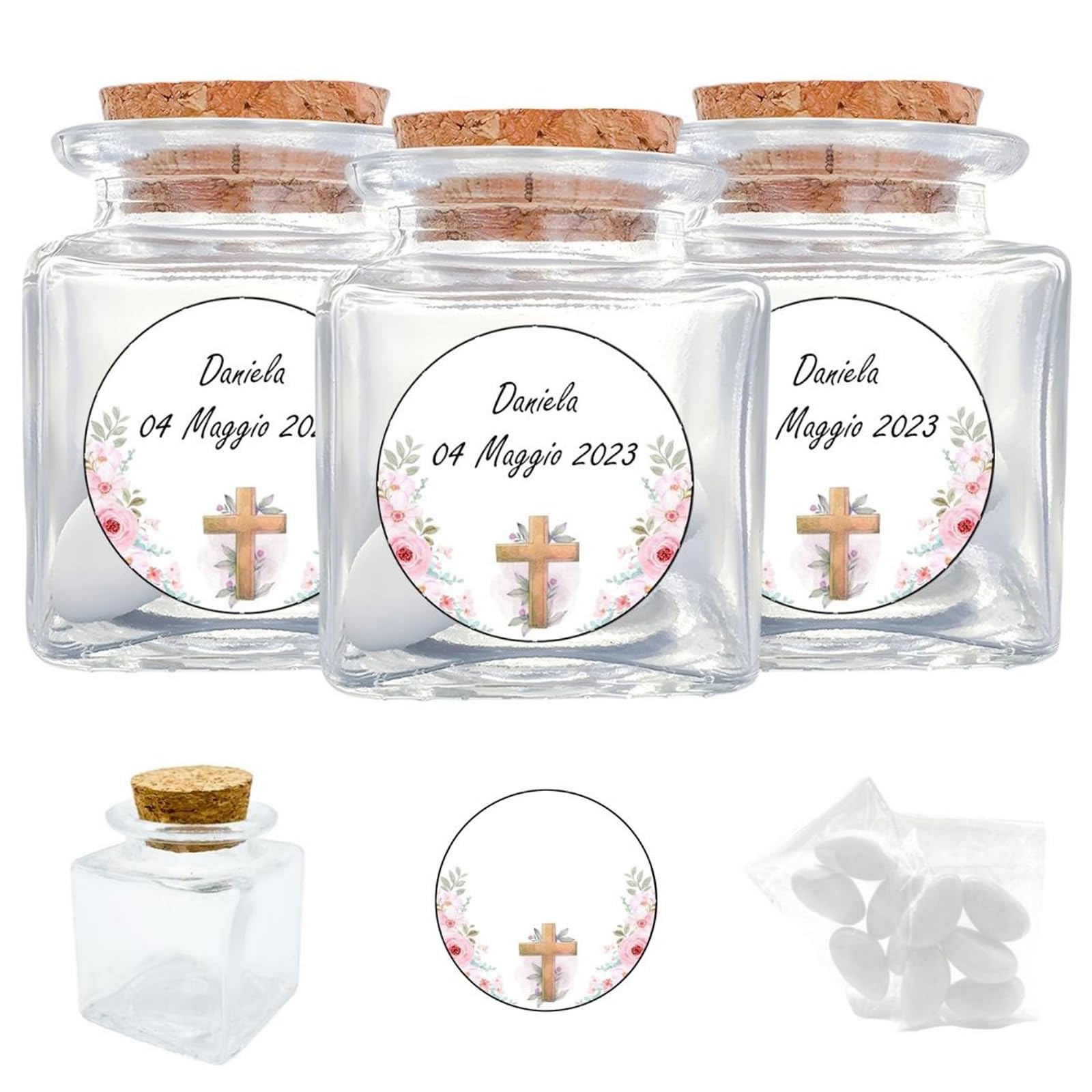 Doni Bomboniere Lot de 12 bonbonnières de communion pour fille, 4 x 4 x 4 cm, porte-dragées transparentes, bouchon liège, 12 pièces, autocollants, personnalisables, 12 pièces, sachets dragées, fête