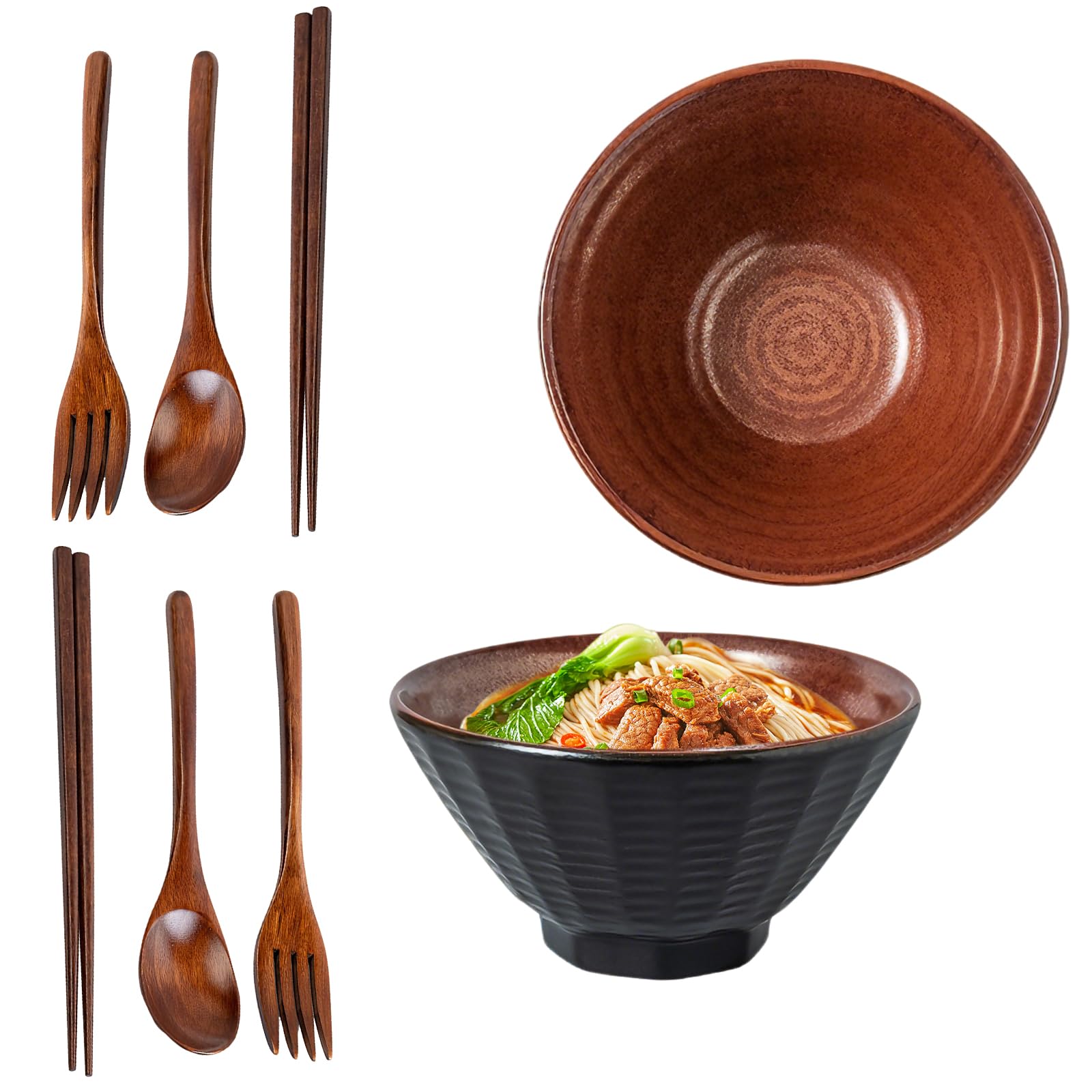 2 x 1600ml Ramen Schüssel Set, Ramen Set aus Keramik mit Essstäbchen, Gabel und Löffeln, Suppenschüssel Spülmaschinenfest Geschirr für Nudeln Suppen Getreide Salate Geschenke (Flammenrot)