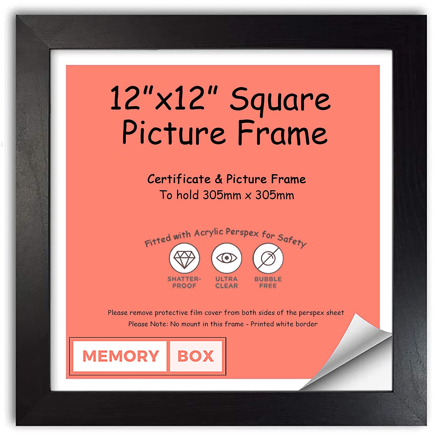 Memory Box Wrapped MDF Picture/Photo/Poster INSTAGRAM SQUARE frame with Perspex Sheet - Moulding 20mm Wide and 15mm Deep - (30.5 x 30.5cm) Black 12" x 12"