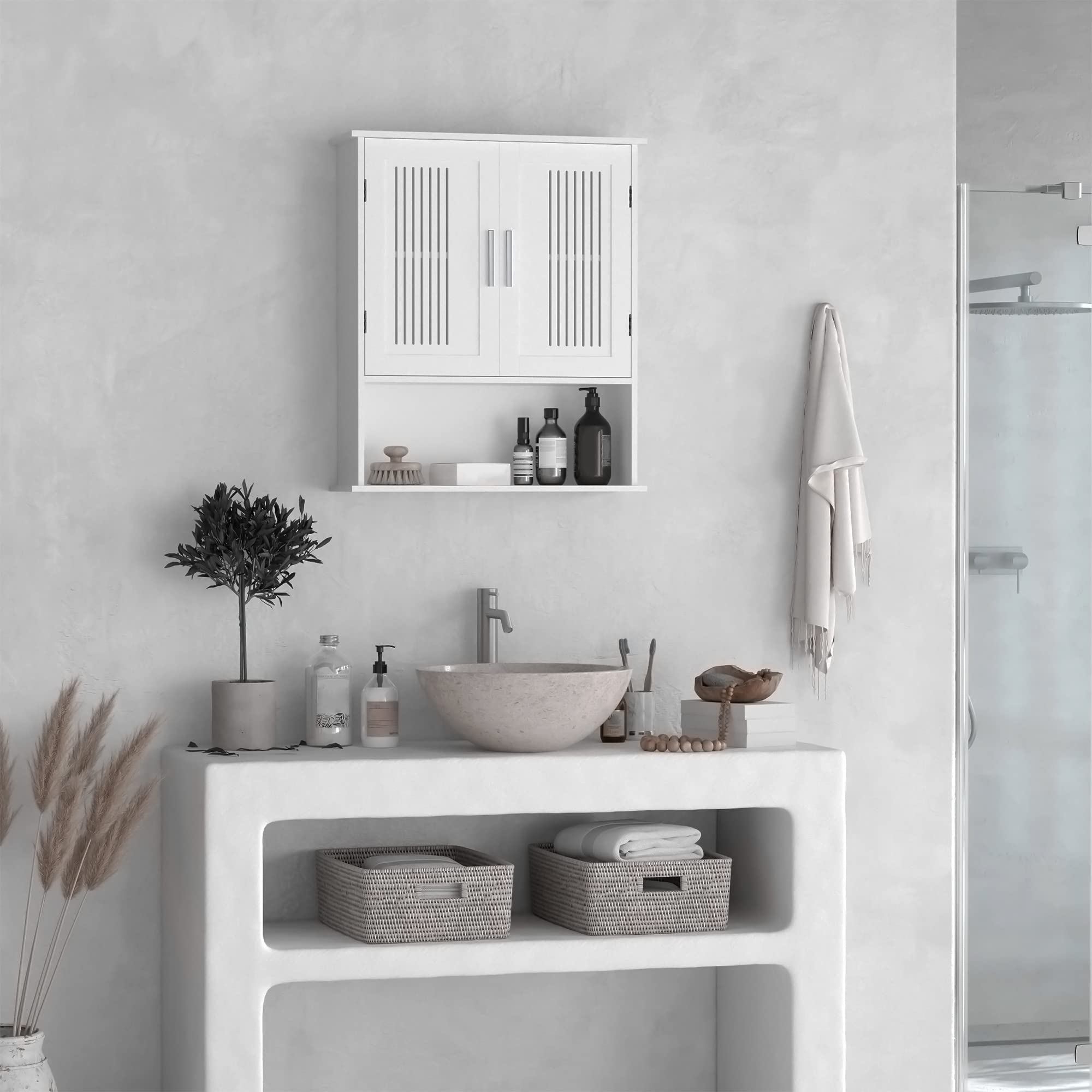 kleankin Armoire Murale, Meuble Haut Salle de Bain avec étagère réglable, Double Porte et étagère Ouverte, Meuble de Salle de Bain, Meuble de Rangement Suspendu, 60 x 20 x 70 cm, Blanc