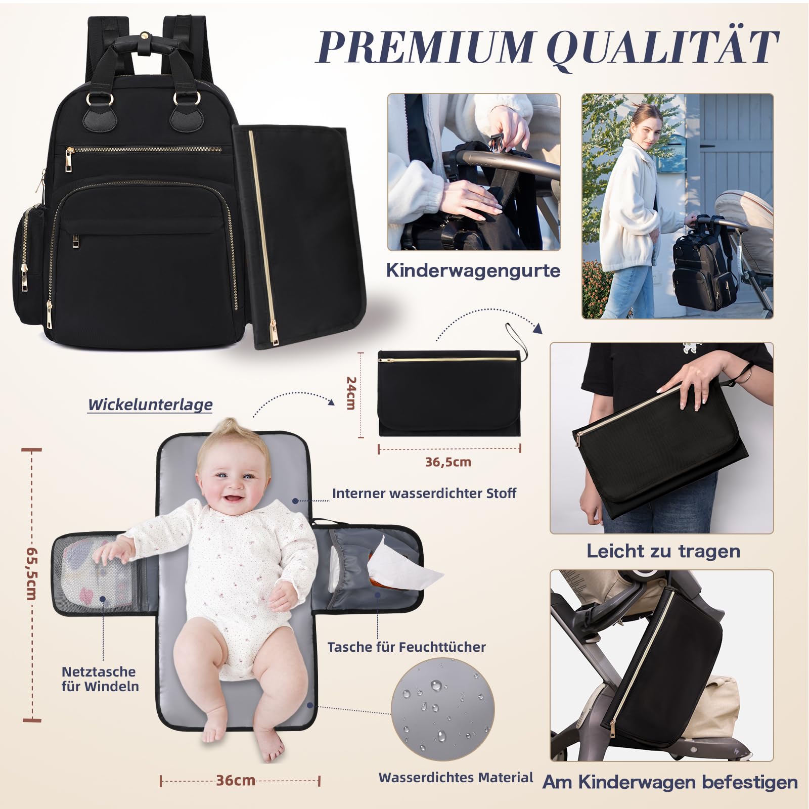 MISS FONG Wickelrucksack Wickeltasche Rucksack,Groß Babytasche Multifunktion Mama Rucksack Baby tasche mit 17 Wickeltasche Organizer, Wickelunterlage, Kinderwagen Haken für Mommy,Schwarz