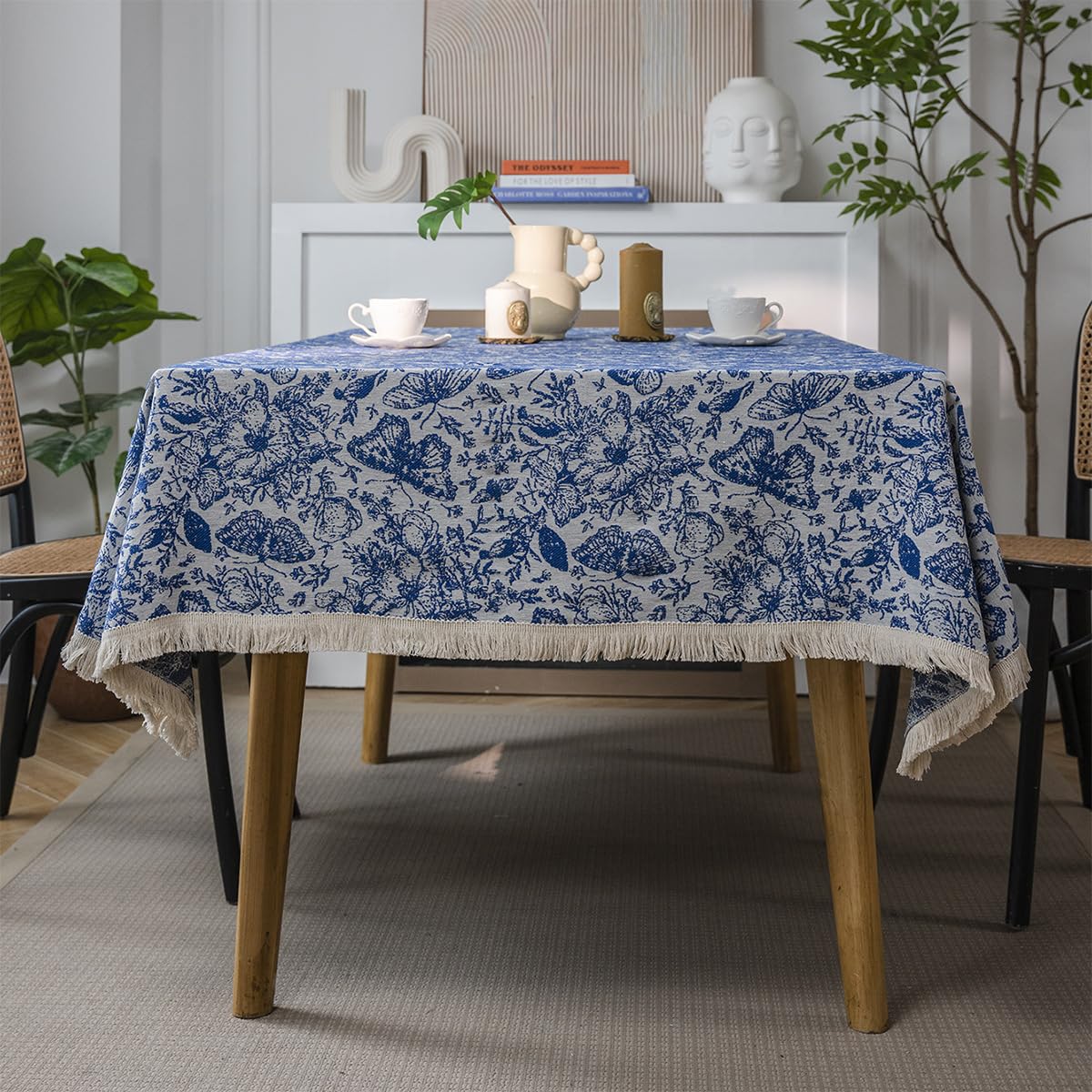 Nappe rétro en tissu bleu 200x140 cm pour grande table à manger