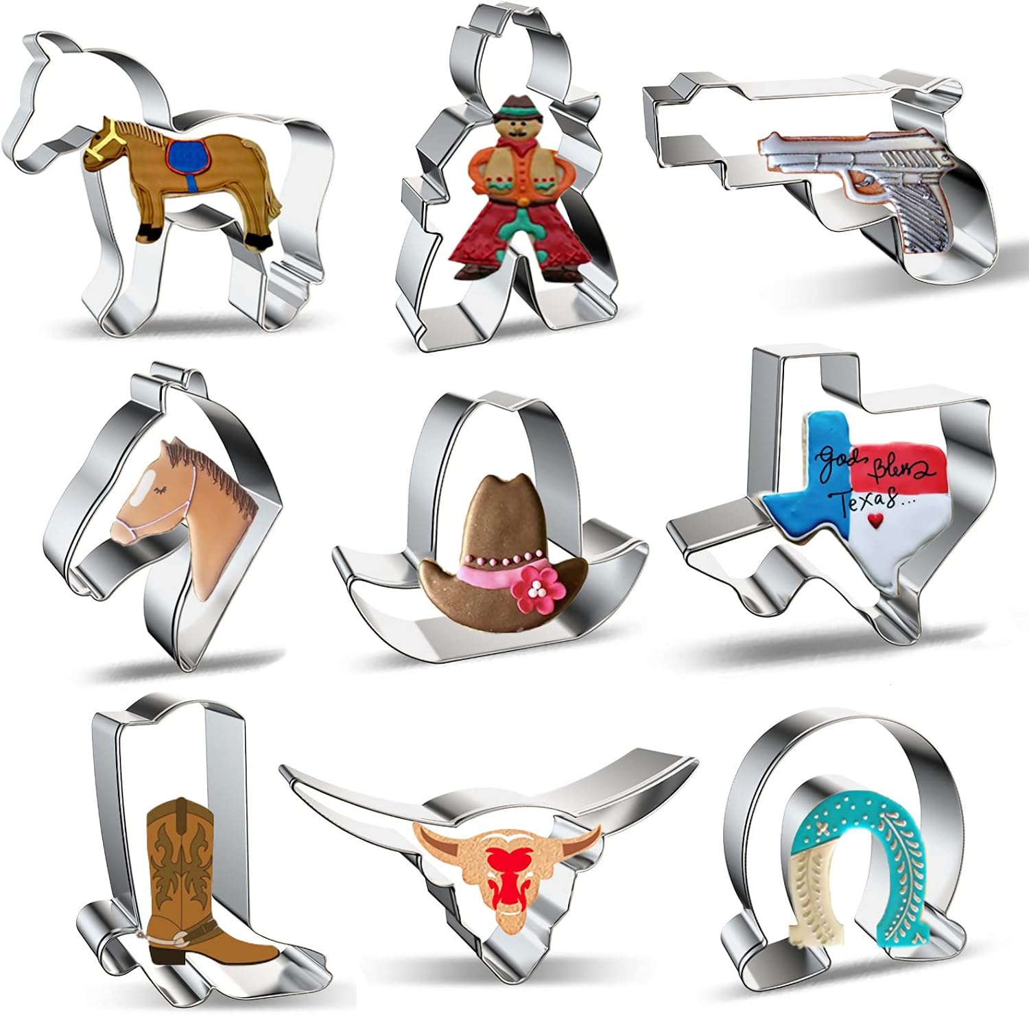 Cookie Cutters Shapes 9-Piece Western Texas Cowboy Horse Pony Horseshoe Horse Head Cowboy Hat Handgun Boot Longhorn Cookie Cutter Set for Kids Boys Birthday Party Decorations - Stainless Steel