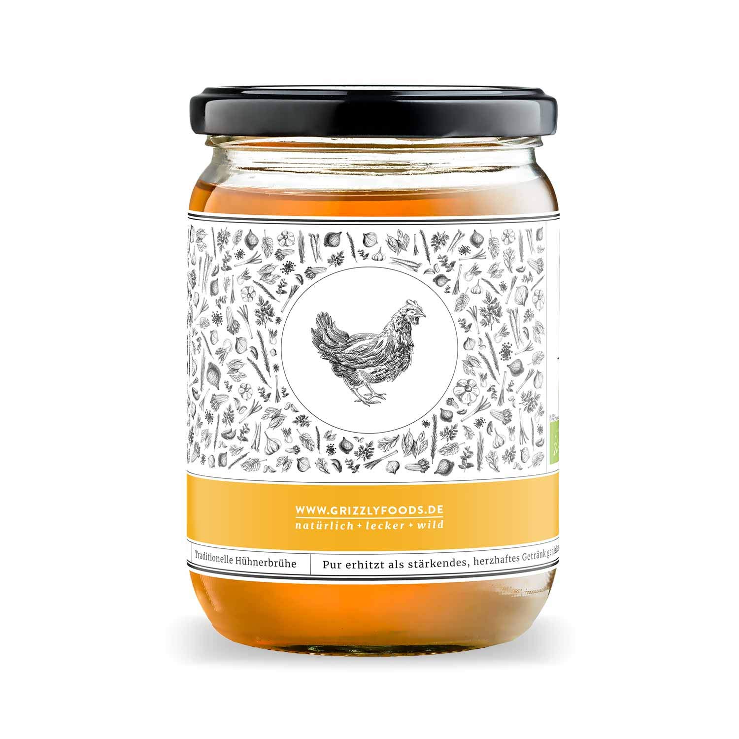Grizzly Foods • BIO Hühnerbrühe (6 x 500ml) • 100% natürlich • Ohne Zucker & Geschmacksverstärker • Lange gekocht • Wertvolle Nährwerte • Fleischbrühe, Fond, Bouillon