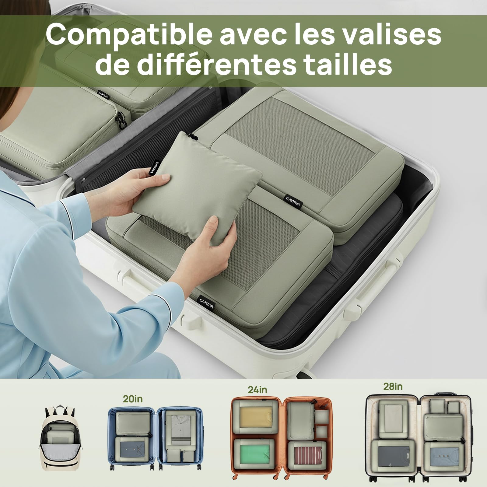 Rangement Valise, Ultraléger Organisateur Valise Compression, Extensible Voyage Packing Cubes Compression Sac Organiseurs de Bagage, Organisateur Valise Compressible (Gris Vert, 6 Pièces)