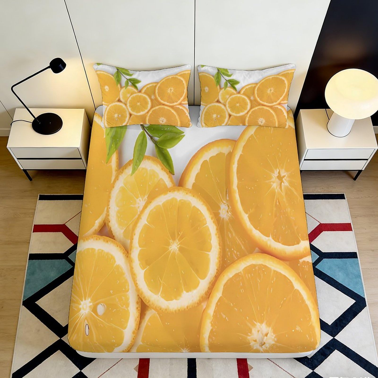 3D Printed Lemon Slice Fitted Sheet Microfiber Soft Yellow Citrus Mattress Cover for Bedroom Dorm Room Decor 90x200x25cm