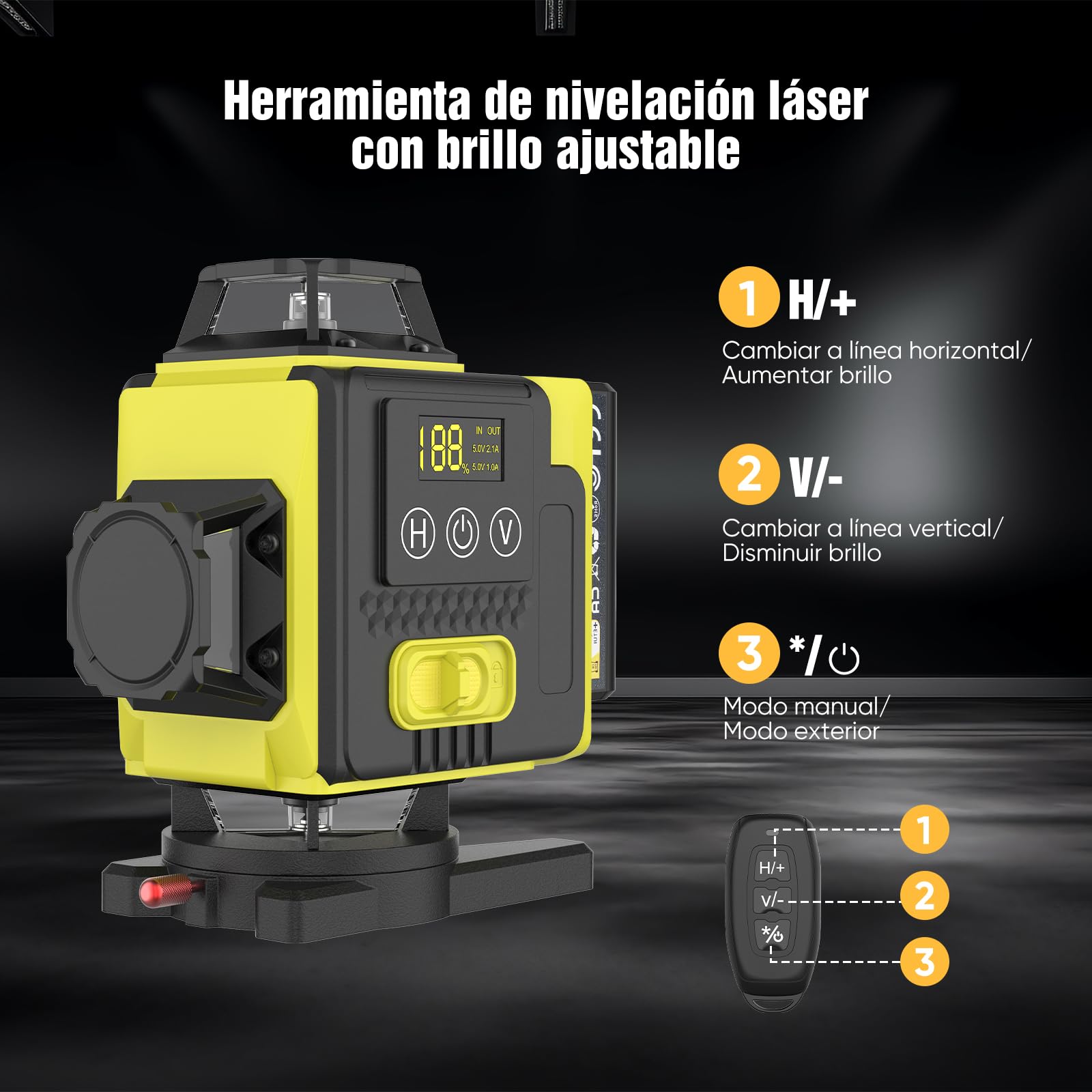 Nivel láser autonivelante 360° X 4, láser de construcción 4D con 16 líneas láser, modo de pulso para exteriores, 2 baterías, autonivelación, soporte rotativo, control remoto.（Con Tripode）