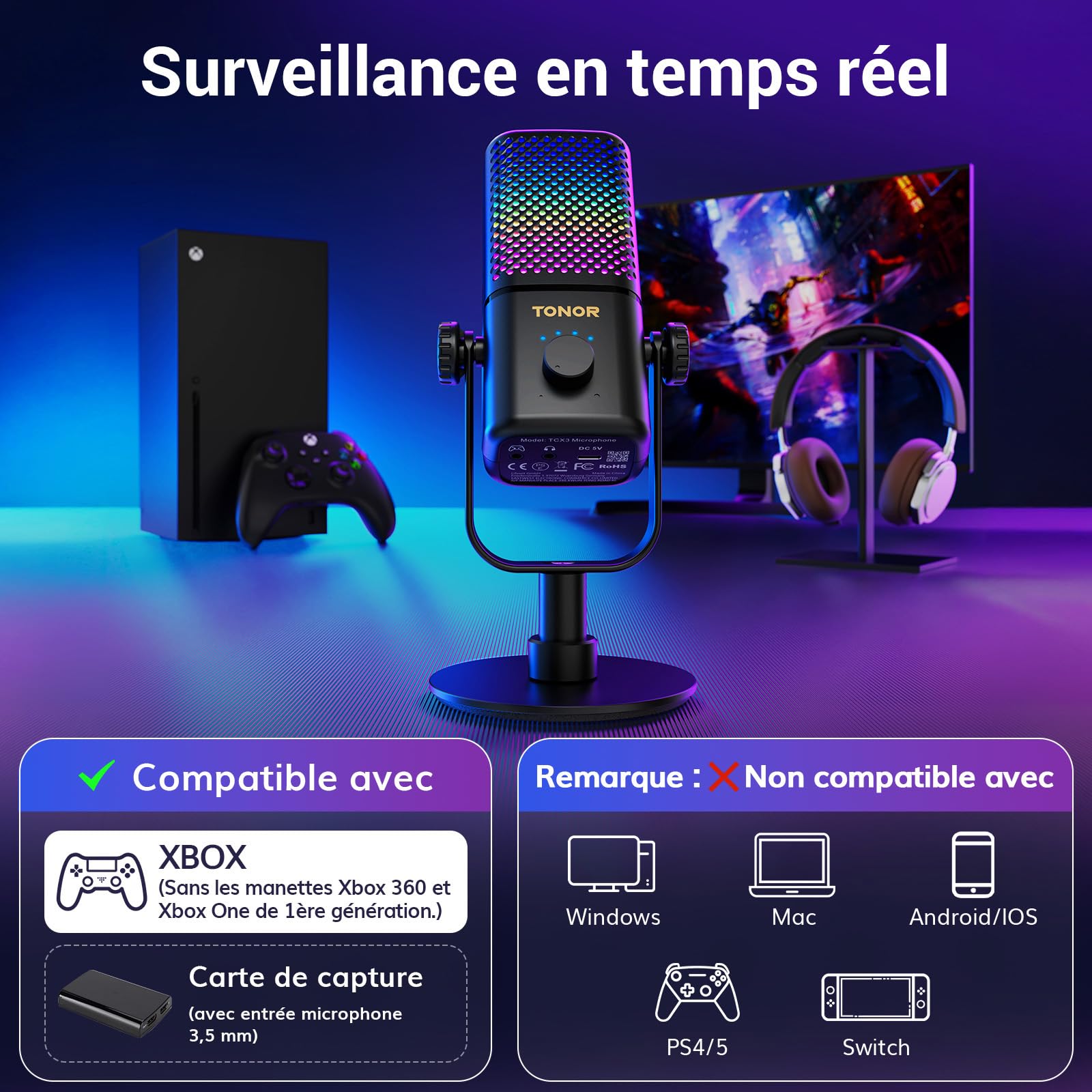 TONOR Micro Gaming Compatible avec Xbox, Microphone de Streaming à Condensateur RGB avec Autonomie de Batterie de 30 Heures, Coupure du Son en Un Clic, 200cm,TCX3