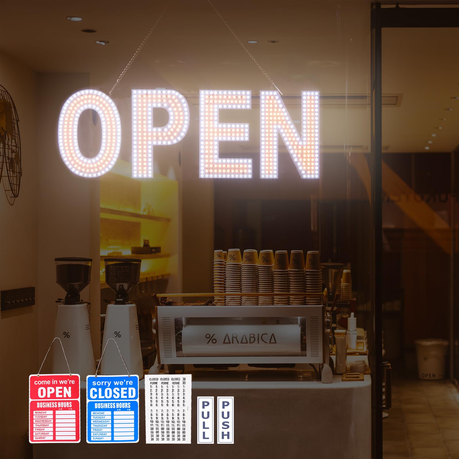 Thirdpolite Open Sign for Business, 30"x10" Dimmable Large LED Open Signs with Hanging Installation for Cafes Store Restaurant Office Bar Pubs Hotel