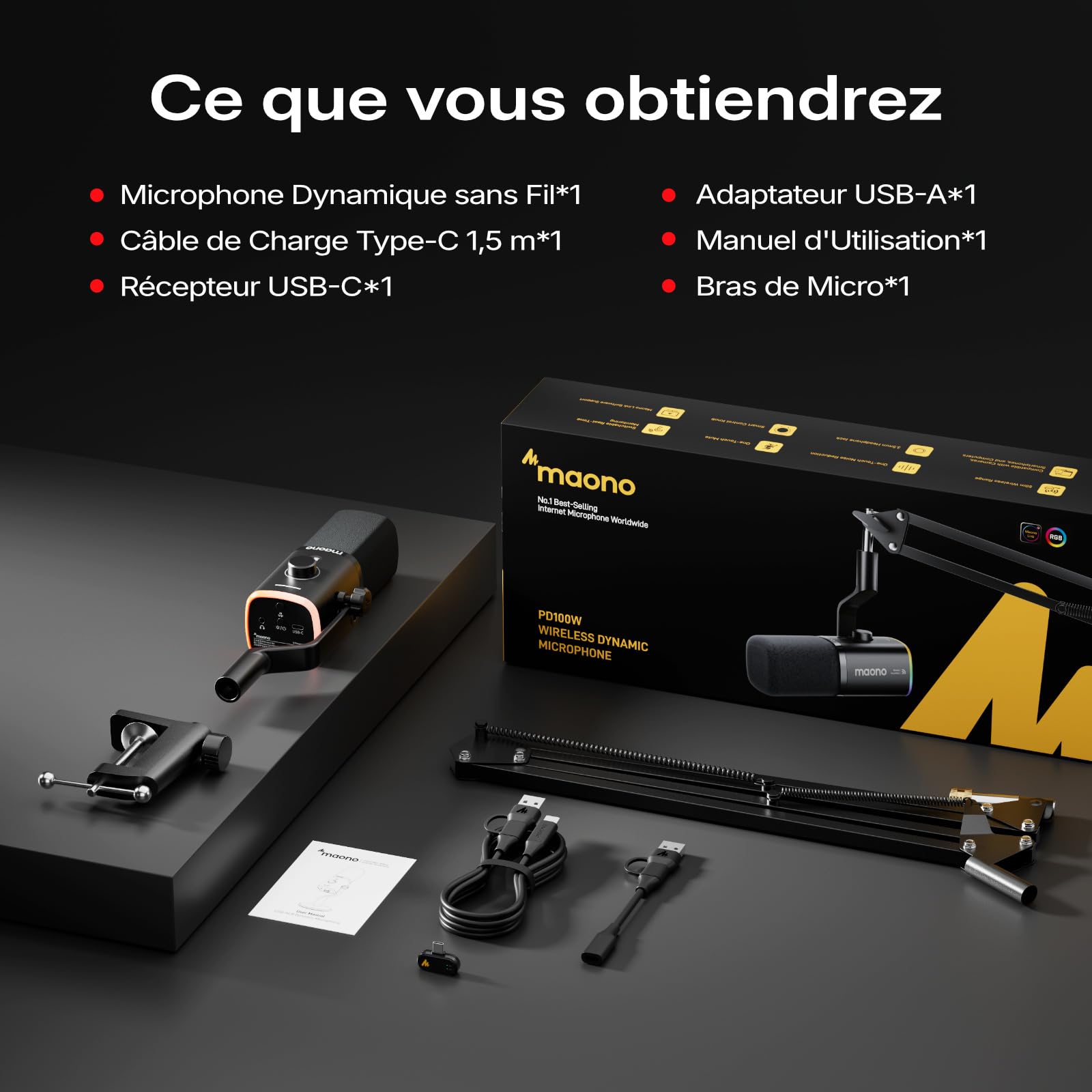 MAONO PD100WS Microphone sans Fil/USB, Micro Gaming PC Dynamique avec Bras Articulé, Réduction de Bruit à 3 Niveaux, RGB et EQ Logiciel. Conçu pour Le Streaming, Le Podcast et l’Enregistrement Vocal