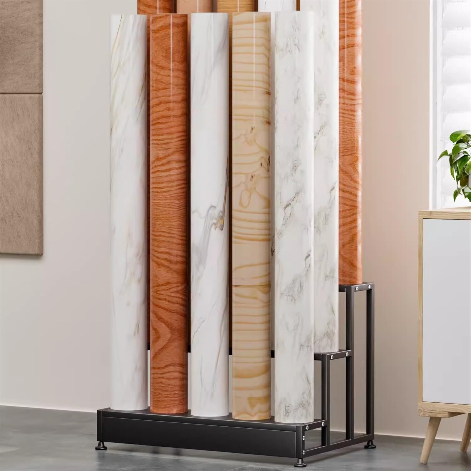 Support de rangement pour rouleaux de tissu réglable et mobile en acier
