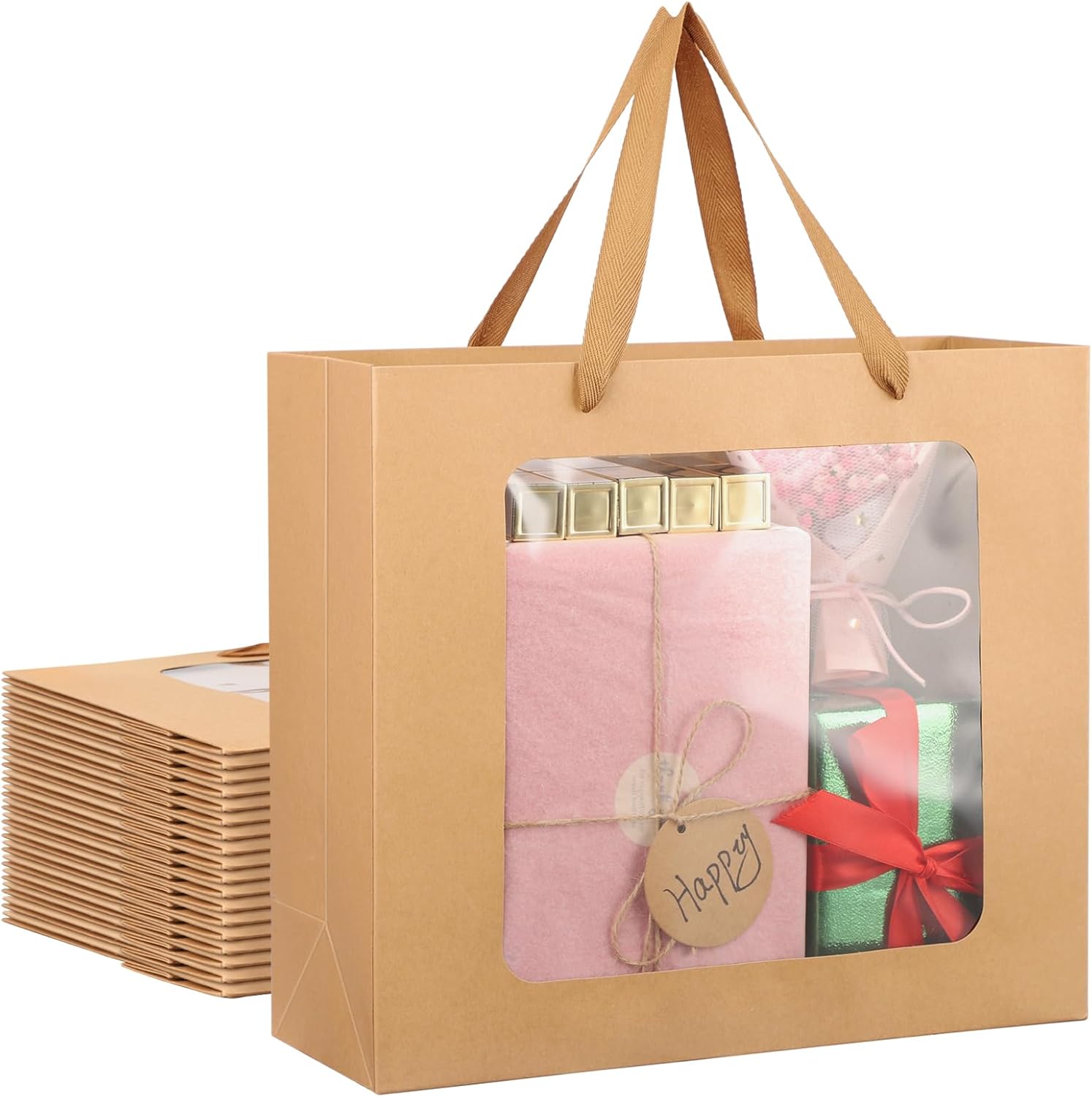 EUSOAR Gift Bags with Transparent Window, 20pcs 12.5"x4.5"x11" Kraft Brown Clear Paper Gift Bag with Handles, Bouquet Tote Shopping Bags Bulk for Wrapping Wedding Festival Bridal Party