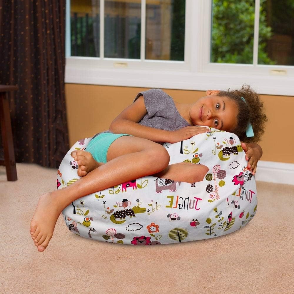 Premium 27" Medium Kids Bean Bag Chair, Comfy Chair - Modern Jungle Animals Pattern Ultra Soft Cozy Multi Colored White Bean Bag Chair with Removable Cover - Stuffed Furniture for Children's Bedrooms