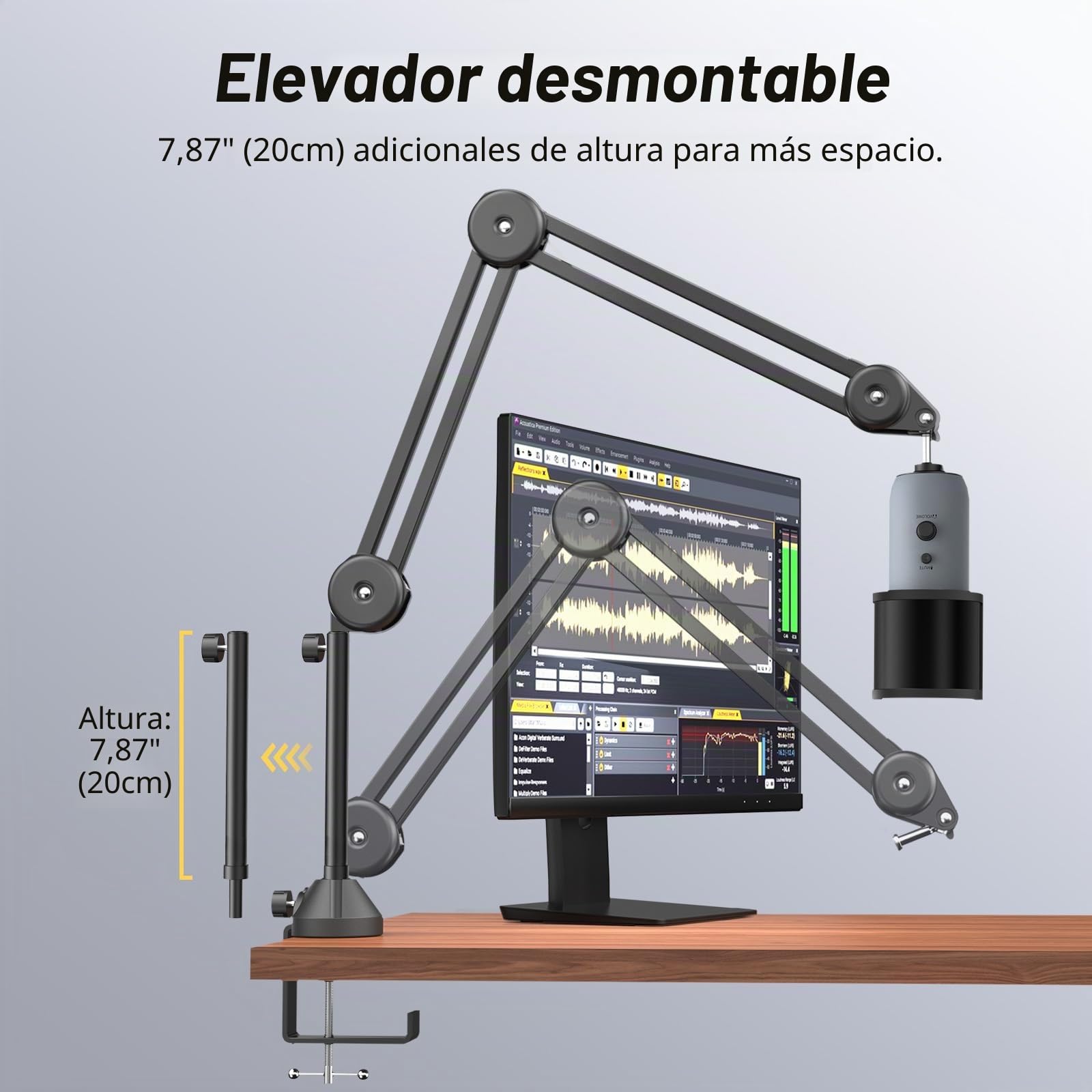 TONOR Micrófono Boom Arm, Mic Soporte de Escritorio con Alto Riser para, Totalmente Ajustable para Podcasts, Streaming, Gaming, Oficina en Casa, Grabación, 40 cm +40 cm, 20 cm extra alto, T50