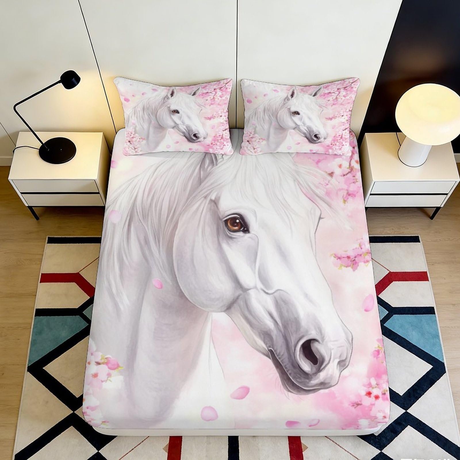 3D Printed White Horse Fitted Sheet, Microfiber Soft Touch, Wrinkle Resistant, Home Decor Bed Cover, Bedroom Apartment Bedding, Easy Care, 120x200cm 90x200x25cm