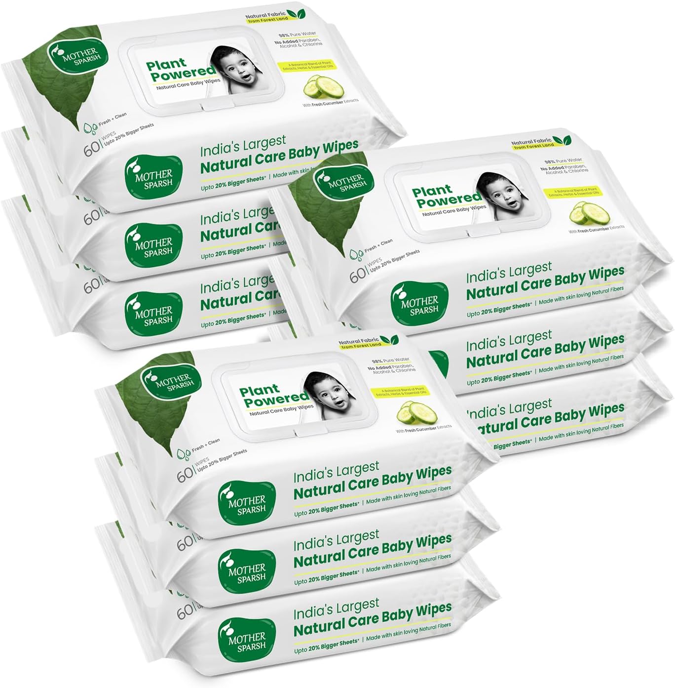 Mother Sparsh Natural Care Baby Wipes I 100% Plant Made Fabric From Forest Land, Fresh + Cleanse (with Cucumber) Plant Powered Wet Wipes For Baby I Cotton Cloth Like Bigger Sheets