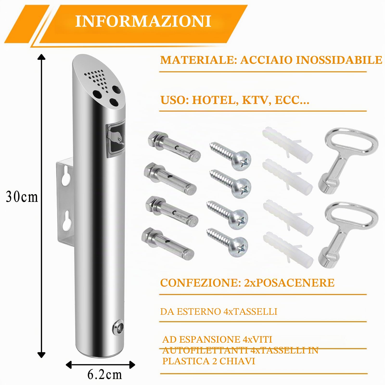 Posacenere da Esterno, Portacenere da Esterno Nero in Acciaio Inossidabile con Serratura per Hotel Ristorante Ufficio Balcone H30cm x 6,2cm da Poweka (Argento, 2 Pezzi)