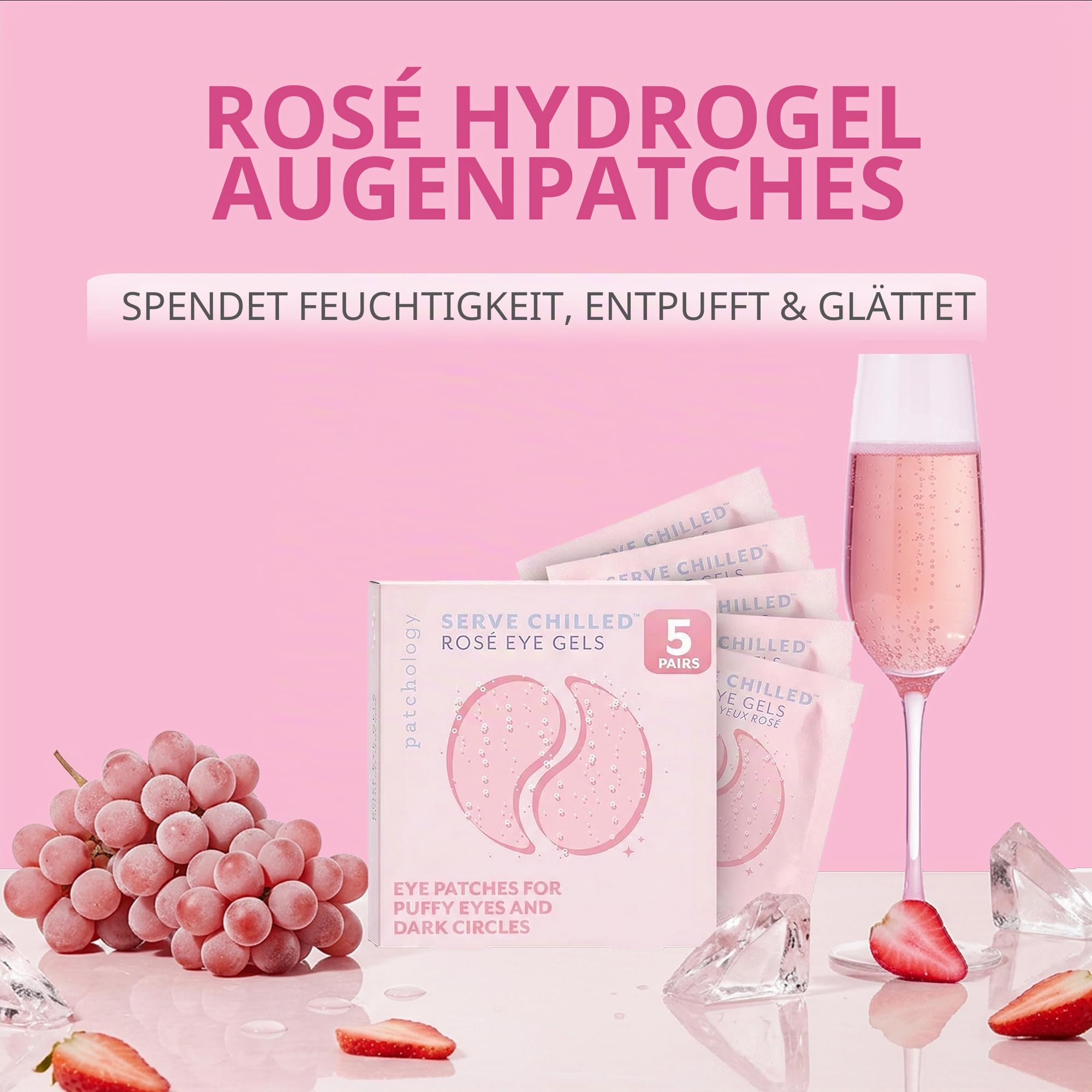 Patchology Serve Chilled Rosé Eye Gel - Pflegende Augenpads mit Resveratrol, Hyaluronsäure und Erdbeerextrakt - Eye Gels Feuchtigkeitspflege gegen Schwellungen, Müdigkeit und Trockenheit - 5 Stück