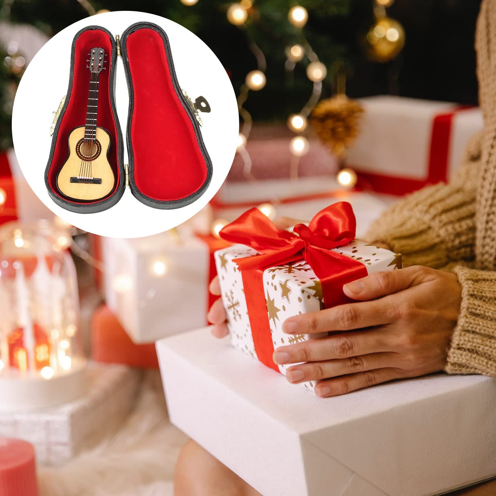 Walfront Modello di Chitarra In Miniatura In Legno con Supporto e Mini Strumento Musicale per la Decorazione Della Casa del Modello di Casa Delle Bambole In Miniatura
