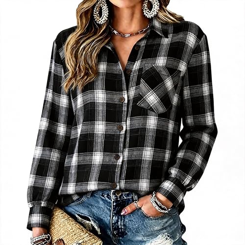 Plus Size Flannel Shirts for Women Fall Plaid Long Sleeve Button Down Top
