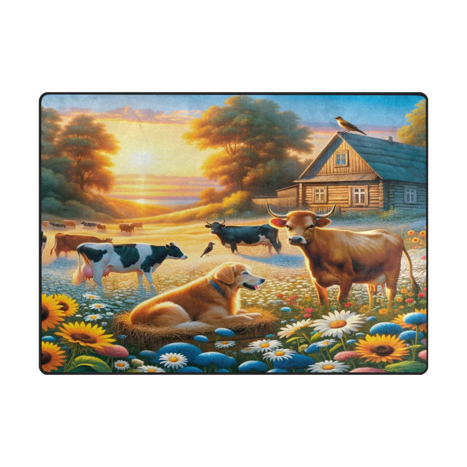 Grand tapis de sol 203x147 antidérapant et isolant motif chien vache pour salon moderne