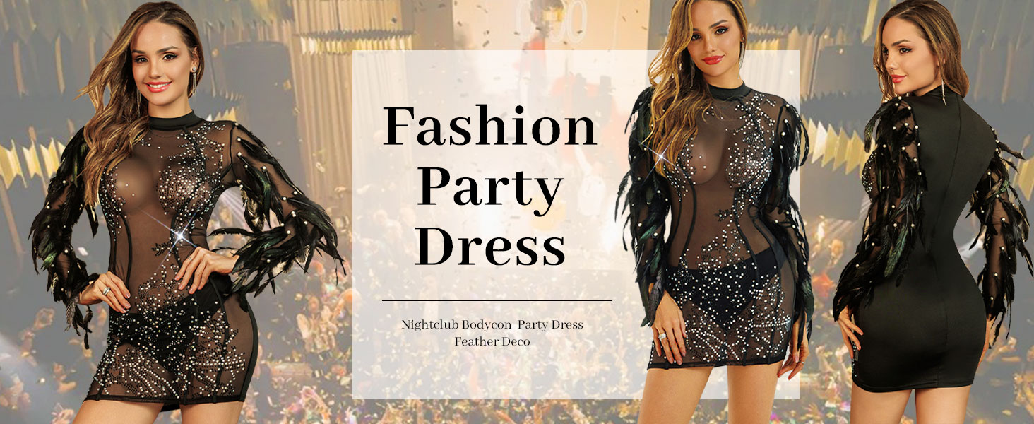 Amazon.com: Women's Sexy Mock Turtleneck Neck Mesh Patchwork Black Sparkly  Beaded Long Sleeve Mini Dresses Feather Party Dress Night Out Clubwear :  Clothing, Shoes & Jewelry