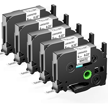 Pack of 5 Label Tapes Compatible with Brother P-touch 6 mm TZe TZe 211 TZe-211 Tapes 6 mm x 8 m Black on White White for Brother H100R H105 H100LB D210 E110 E300