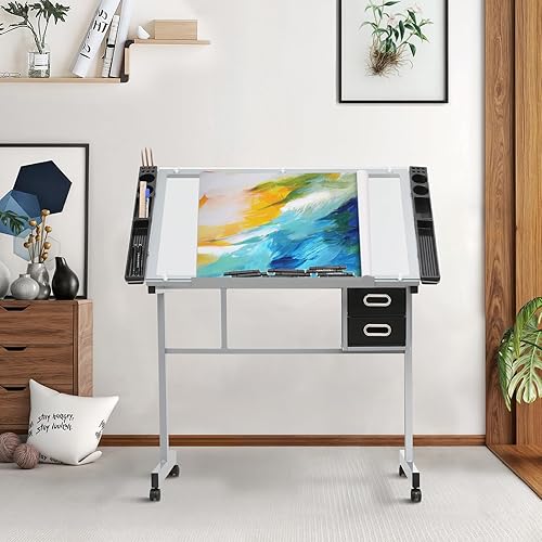Miniatura 2 de Magshion Mesa de dibujo ajustable con tapa de vidrio inclinable de 65 - Escritorio de arte portátil con 2 cajones de almacenamiento, 4 bandejas de