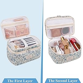 Makeup bag, Large Cosmetic Bag for Women Girls, Cute Quilted Makeup Bags, Floral Coquette Aesthetic Toiletry Bag, Travel Make Up Organizer Bag (Blue Flowers)