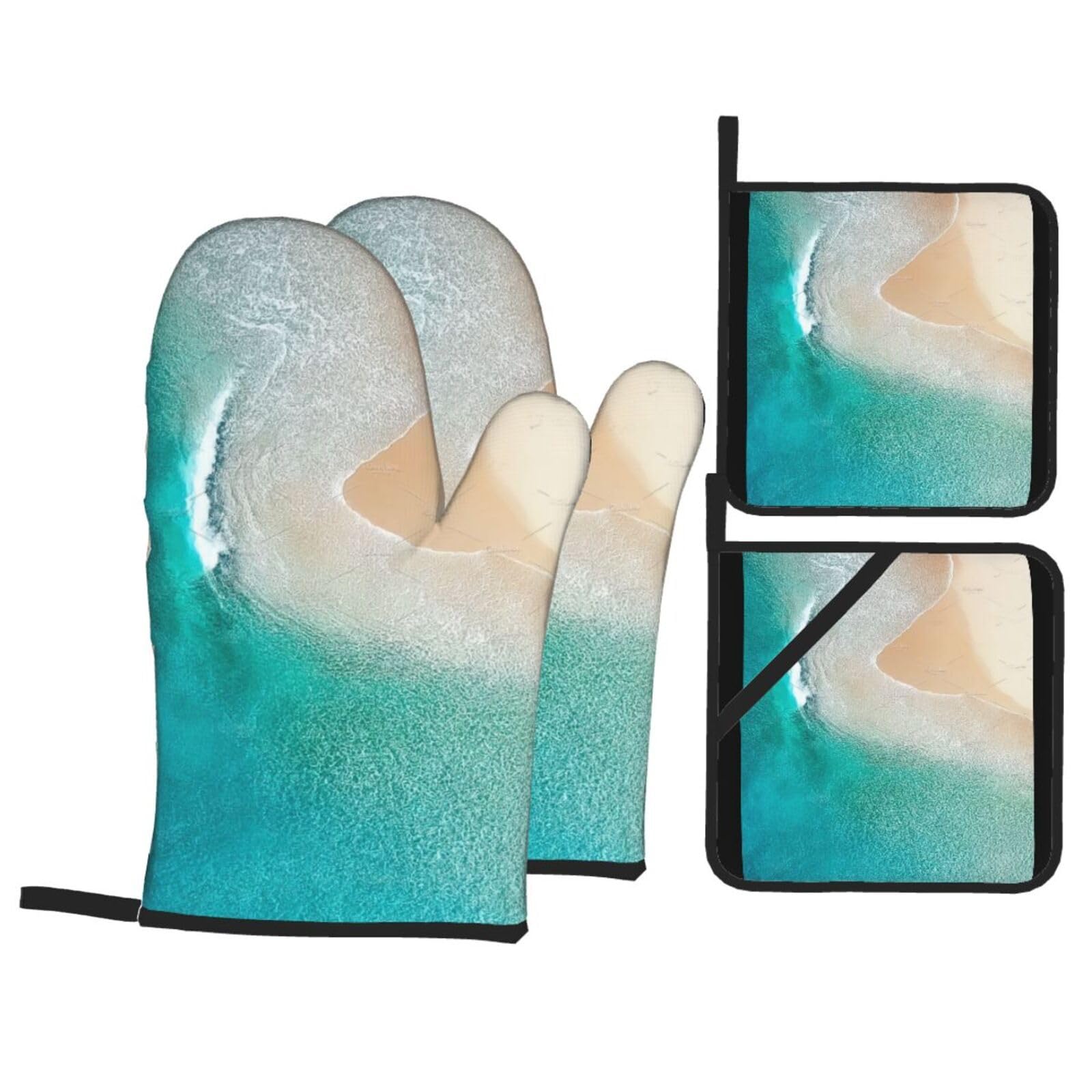 Manoplas Agua Verde Beige Guantes Horno un par y 2 Manteles Aislados, para Cocinar Barbacoa, Parrilla Impermeable, Resistente al Aceite y al Calor