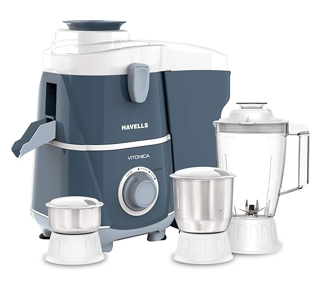 Havells Vitonica 500Watts Juicer Mixer Grinder with 3 Bigger Size Jars | Rust Resistant 304SS Sieve | Large Size Pulp Container | 1.75 Ltr Break Resis