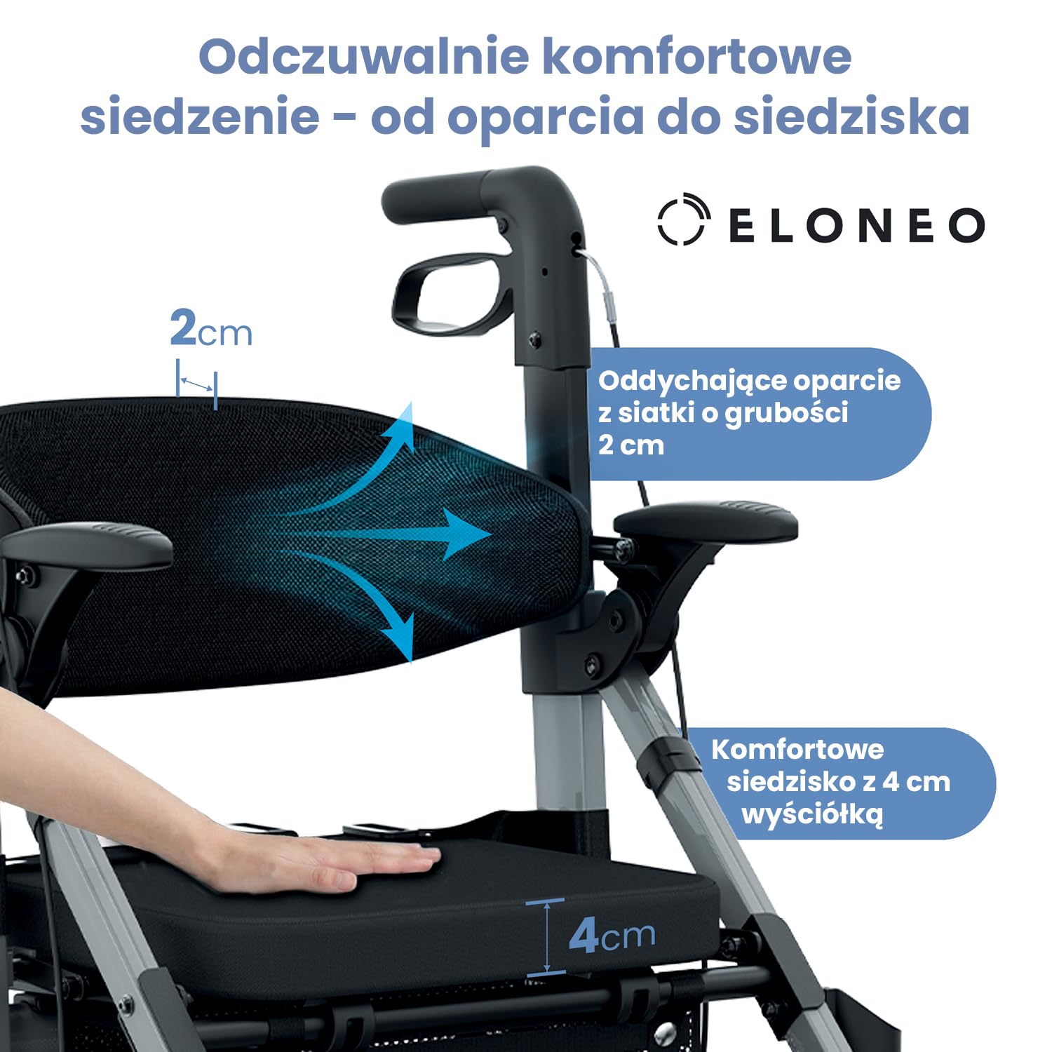 ELONEO 2 w 1 Wózek inwalidzki i balkonik rehabilitacyjny składany i lekki z siedziskiem, terenowy rollator wózek inwalidzki składany lekki na każdy teren, wózek transportowy, szary