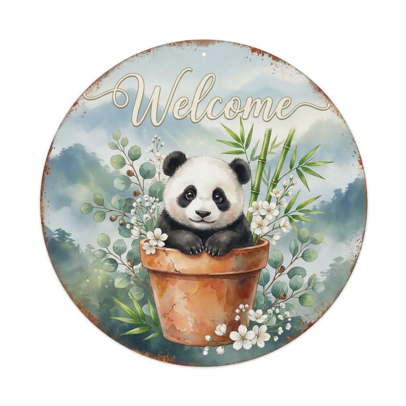 Welcome Panda Eucalyptus Metal Tin Sign