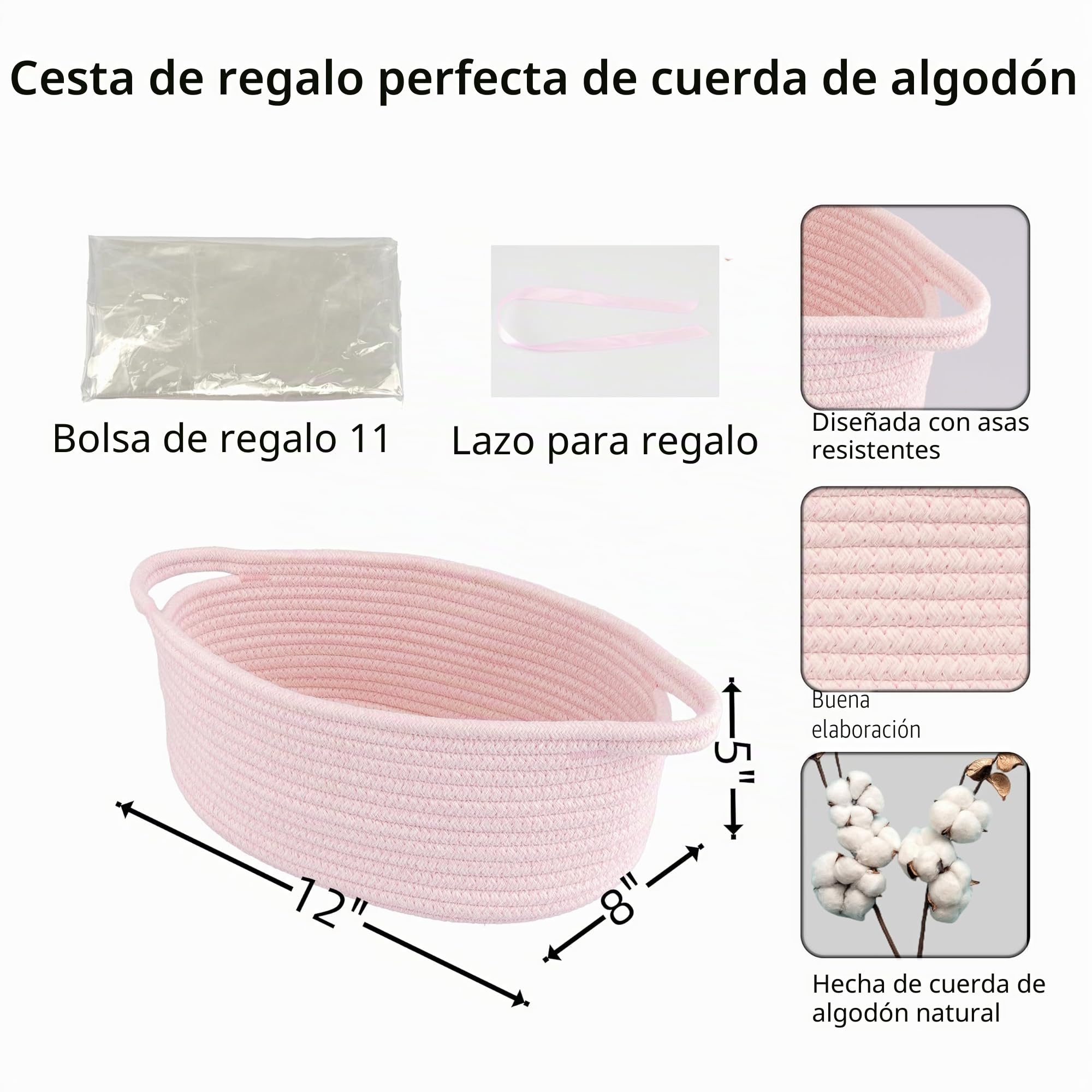 Cestas de regalo vacías, Cesta de almacenamiento de cuerda de algodón trenzada rosa con bolsa y cinta, cesta organizadora pequeña para bebé, juguetes, Baby Shower, cesta tejida decorativa 30x20x12 cm